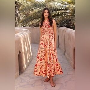 NWT Oliphant Maxi Sleeveless Smocked Dress Audubon Red